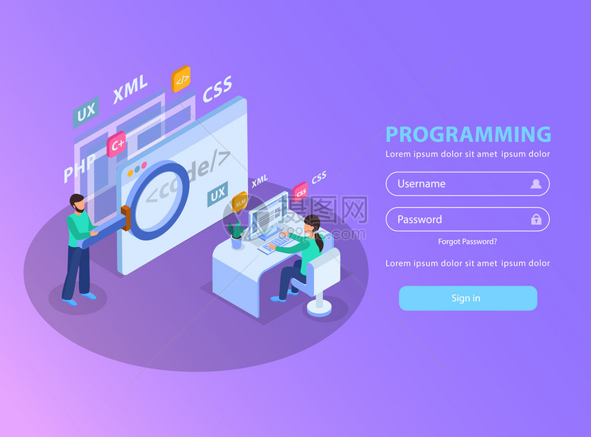 網(wǎng)頁(yè)開(kāi)發(fā)等距背景標(biāo)志頁(yè)與圖像字段的登錄密碼矢量插圖