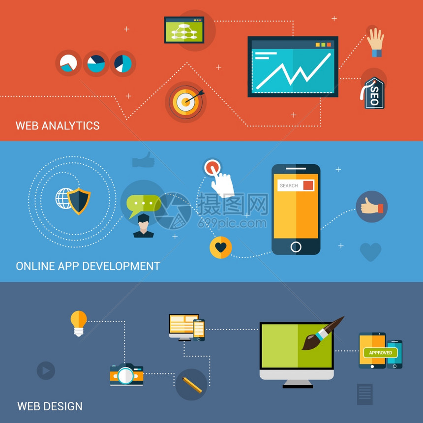 網頁開發中的橫幅設計與分析線應用程序元素孤立插圖